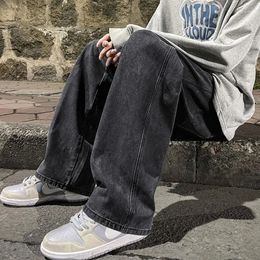 Jeans pour hommes Version coréenne étudiant pantalons décontractés haute rue droite ample jambe large jean noir gris bleu Baggy jean 240122
