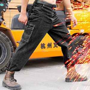 Heren jeans arbeidsverzekering broek werk lasmedewerkers anti-scalding slijtage-resistente multi-pocket overalls autoreparatie