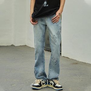 Heren jeans Lacible Cross Patch Men Hip Hop Streetwear Fashion Vintage broek High Street White Baggy denim Lichtkleur