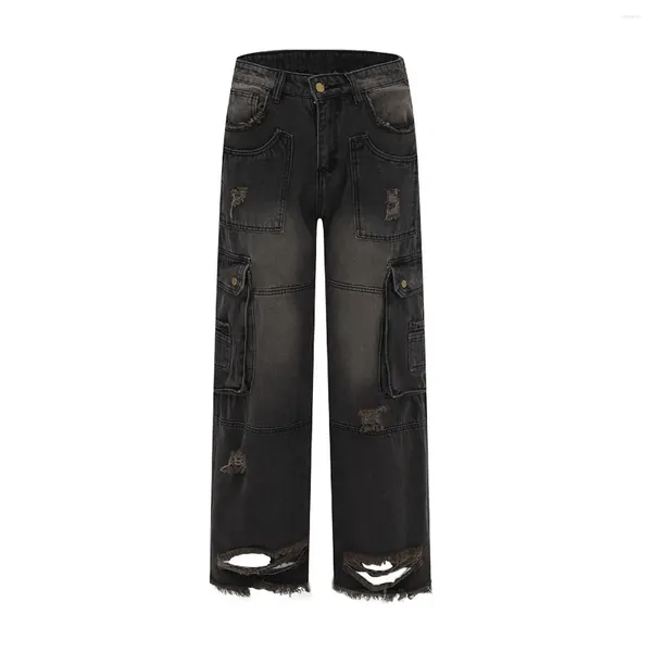 Jeans pour hommes Lacible Poches multiples Ripped 2024 Lavé Long Automne Hiver Pantalon Hip Hop Hommes Femmes Streetwear Pantalon décontracté