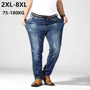Jeans masculin Grand jean pour hommes 6xl 7xl 8xl 180kg Été pour hommes pantalons lâches denim bleu plus marque de marque déchirée Q240525