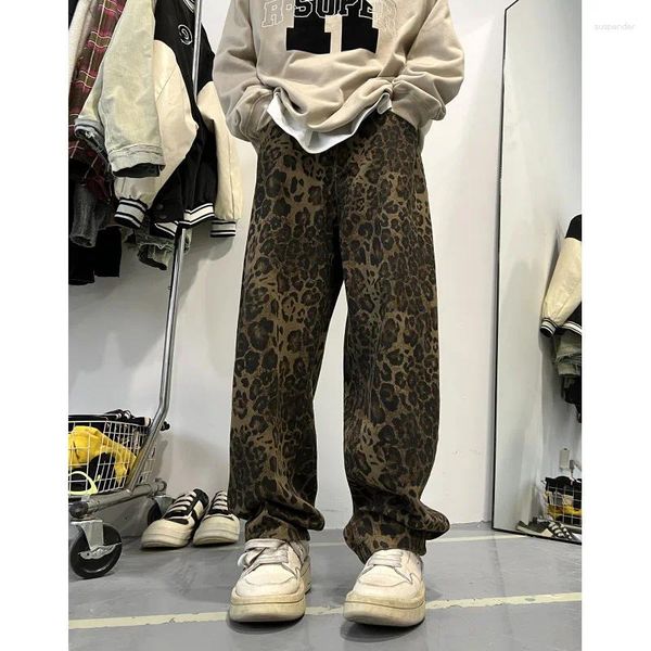 Jeans para hombres Estampado de leopardo Hombres Moda Retro Impreso Streetwear Hip-Hop Pantalones de mezclilla rectos sueltos para hombre Vintage