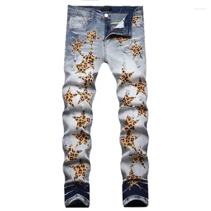 Heren Jeans Luipaard Ster Geborduurd Herfst Winter Slim Fit Stretch Gescheurde Gat Denim Broek Punk Stijl Streetwear 28-42