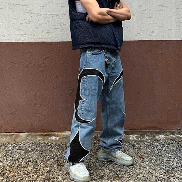 LETTRE DE JEANS MENSE BEMPRODERIE PU LEAHER PATCHWORM BAGGY Y2K MENS STREETWEAR STRIEUX Pantalons de jean surdimension