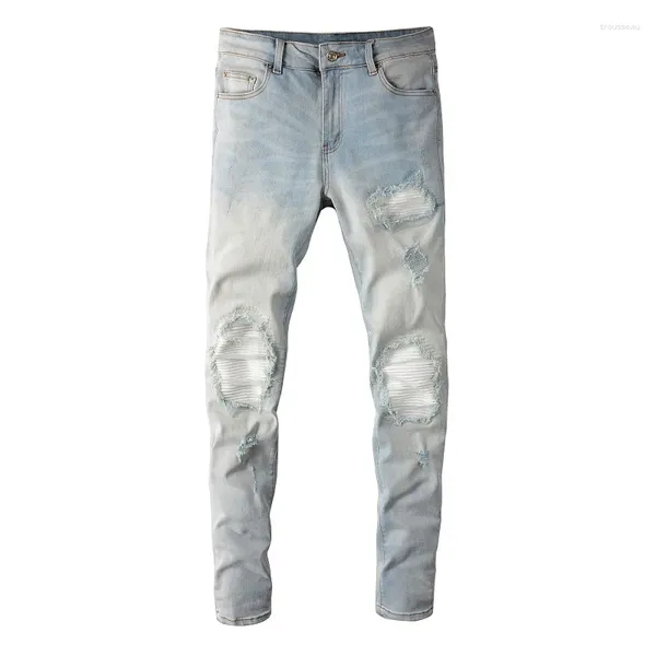 Jeans pour hommes Bleu clair en détresse EU Drip Denim Moustache Côtes blanches Patchwork Slim Fit Trous endommagés Stretch Ripped