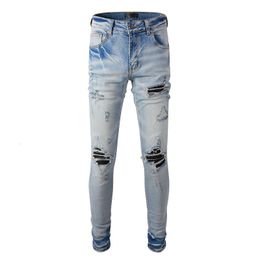 Heren jeans lichtblauwe mode verontruste slanke fit streetwear stijl bandana ladering lager skinny stretch holes high street gescheurd 230330