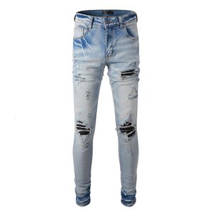 Jeans pour hommes Bleu clair Mode Distressed Slim Fit Style Streetwear Bandanna Patchwork Skinny Stretch Trous High Street Ripped 230330