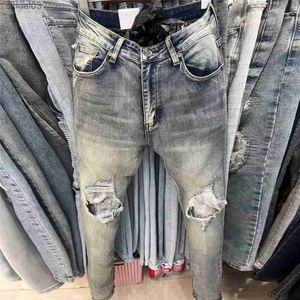 Jean masculin bleu clair flex réfléchi jean en plie déchiré jean streetwear ultra mince élastique en denim conique à hommes masculins jeansl2403