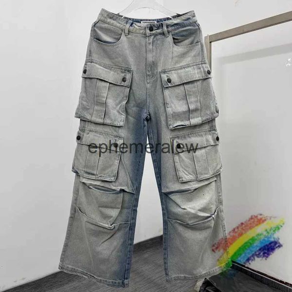 Jeans pour hommes Bleu clair Poches multiples Jeans Pantalons Hommes Femmes Top Qualité Vintage Pantalonephemeralew