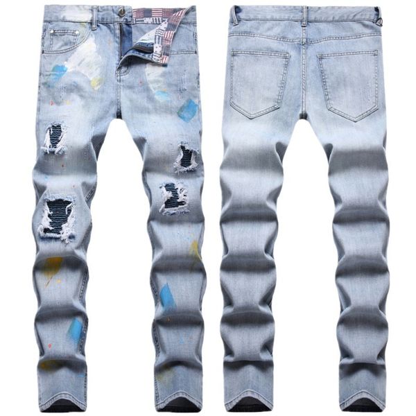 Jeans pour hommes patchs bleu clair déchiré élément de locomotive trou plissé peint à la main peinture petit droit décontracté mâle coton pantalon 230926