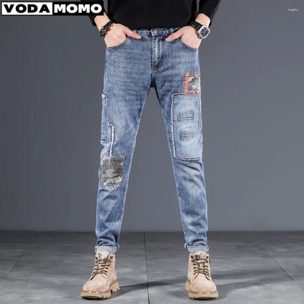 Jean masculin bleu clair en coton déchirure régulière pantalon de jean droit streetwear pantalon jean en jean y2k 2024