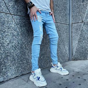 Jeans pour hommes bleu clair Satine hommes taille élastique Skinny Stretch déchiré pantalon Streetwear hommes Denim