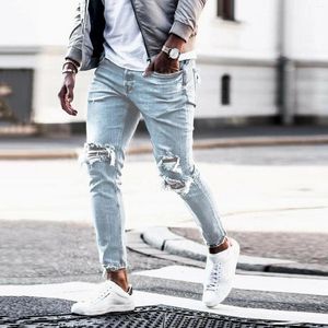 Jeans para hombres Luz Azul Flaco Hombres Streetwear Destruido Ripped Homme Hip Hop Masculino Lápiz Biker Hollow Out Jean Pantalones