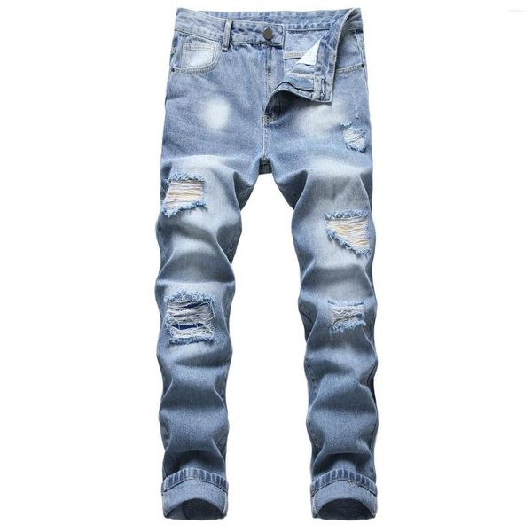 Pantalones vaqueros de hombre de color claro Agujero de mezclilla Arruinado Slim Fit Pantalones pitillo Korean Tide Brand Beggar Washed Tamaño grande