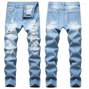 Jeans pour hommes de couleur claire trou ruiné pantalon crayon mince tendance coréenne déchiré denim marée serrée mendiant grande taille