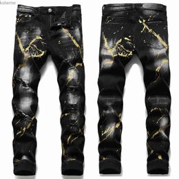 Jeans pour hommes Jeans déchirés à imprimés graffitis pour hommes de luxe légerJeans noirs à rayures coupe ajustéePantalon en denim extensible délavé blancJeans décontractés;YQ240205