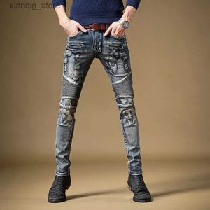 Heren jeans licht luxe heren slanke rek spitspatchwork decors gat gescheurde jeansmoto biker retro blauwe jeans broek;L49