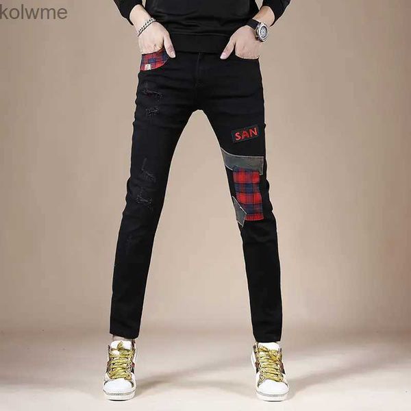 Jeans pour hommes Light Luxury Mens Slim-fit Stretch JeansPatchwork Décors Pantalons en denim décontractés à la mode Hip Hop Street Fashion Pantalons en jeans noirs;YQ240205