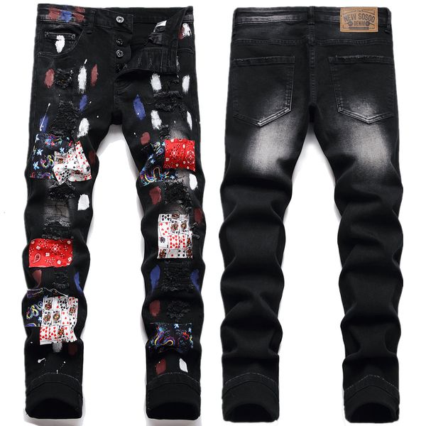 Jeans pour hommes Light Luxury Mens Slimfit Black Denim Pants Trendy Printing Patchwork Decors Casual Street Fashion Sexy Pants; 230517