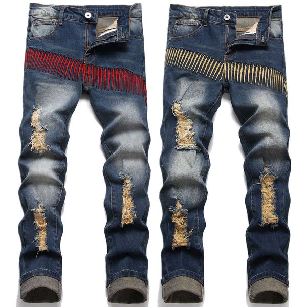 Jeans pour hommes Light Luxury Mens Slimfit Blue Denim PantsTrendy Broderie Décors Ripped Casual Jeans Street Fashion Sexy Jeans Pantalon Z0508