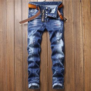 Jeans pour hommes Light Luxury Mens Slimfit Ripped Blue Denim PantsHigh Quality Dot Print Décoration JeansWhite Wash Élégant Sexy Street Jeans Z0508