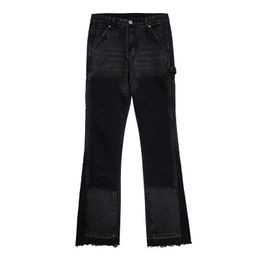 Herenjeans liluo aangepaste hoogwaardige zwarte grijze laser herenbroeken flare jeans punk stijl gestapelde patchwork denim broek j231222