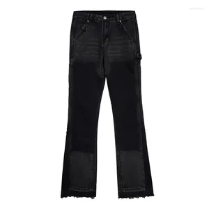 Herenjeans LILUO aangepaste hoge kwaliteit zwart grijze laserbroek Flare gestapelde punkstijl patchwork denim