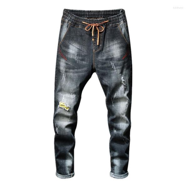 Pantalones vaqueros para hombre LOMEMOL Otoño/Invierno pantalones elásticos ajustados coreanos jóvenes rasgados con cordones para hombre Denim Patchwork Skinny Men