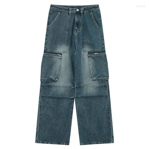 Pantalones vaqueros holgados para hombre, pantalones Cargo con bolsillos grandes, pantalones de mezclilla Hip Hop de gran tamaño de calle a la moda, parte inferior holgada azul lavado