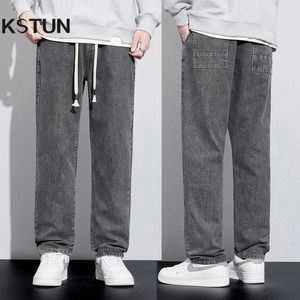 Heren jeans losse fit mannen recht gesneden grijze baggy broek broek breedbeen elastische taille strostring fashion zakken designer kleding