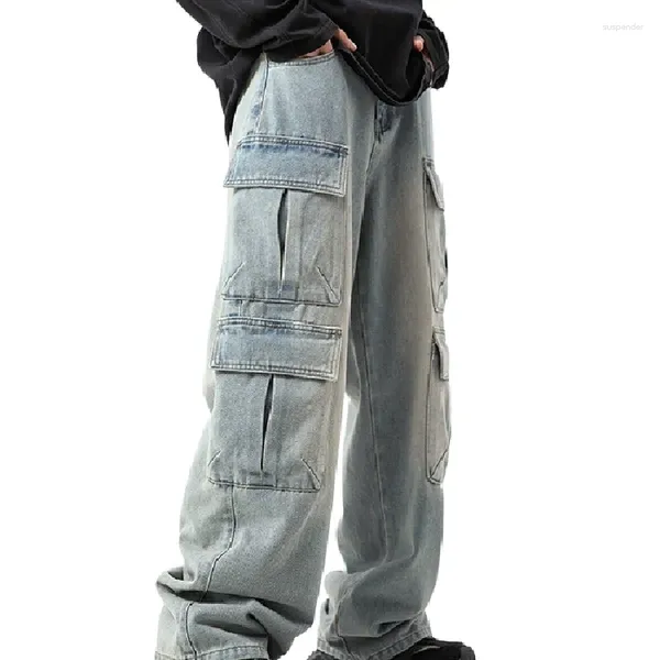 Jeans pour hommes, coupe ample, surdimensionné, Cargo Hip Hop avec plusieurs poches, pantalon en Denim Vintage délavé, bas Baggy rétro