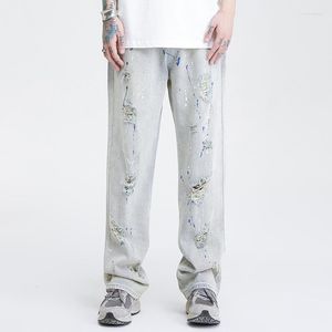 Jeans pour hommes en vrac pleine longueur en détresse empilé pantalon en denim décontracté rétro Splash Ink imprimé déchiré Hip Hop High Street hommes pantalons