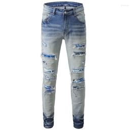 Heren jeans los hombres mannen blauw patchwork gescheurd gestapelde persoonlijkheid high street patch slank