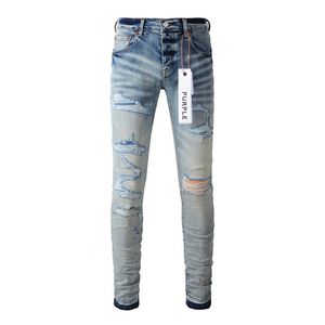 Jeans pour hommes Marque de luxe jeans violets pantalon en denim bleu rue pour hommes peinture ultra-mince motif graffiti trous endommagés pantalon de déchirure élastique 231215
