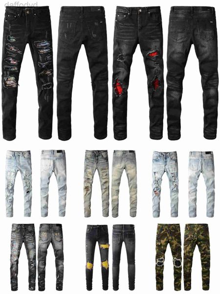 Jeans pour hommes Hommes de luxe pour homme Skinny Designer Pantalon Rip Slim Fit avec os Noir Biker Denim Stretch Moto Trendy Genou Trou Longue Droite Hip Hop Bleu 240305