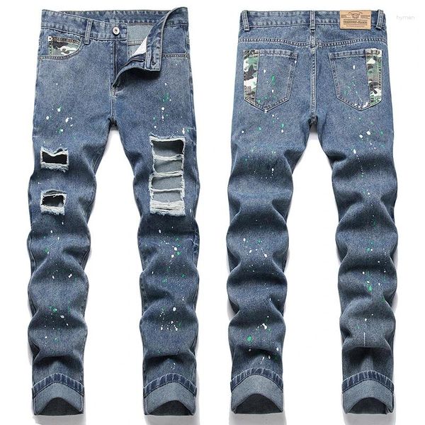Jeans pour hommes Luxe Vintag Trou Ruiné Long Pantalon Cassé Stretch Genou Trous Point Peint Denim Hommes Garçon Camouflage Pantalon