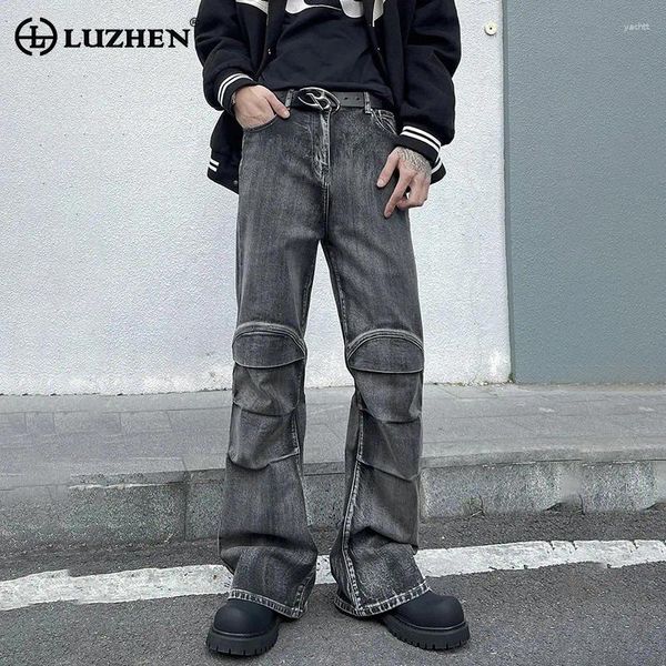 Jeans masculins Luzhen 2024 American Street Style Élégant pli d'épissage Design Bell-Bottoms Male Trendy Slim Fit Pantalon Denim Casual Denim LZ1824