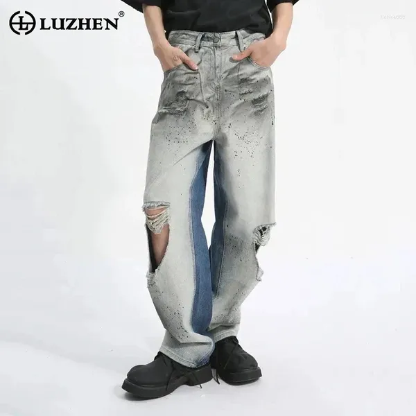 Jeans masculin Luzhen Double Men Pantalon Denim Pantalon High Street Paint pointillé Perforé Industrie lourde Male 2024 Fashion d'été 9C5739