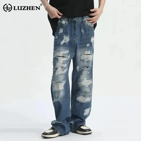 Jeans pour hommes Luzhen Pantalon denim Pantalon Hip-Hop Tendance masculine droite 2024 Traque de poche d'été Pantalage de fermeture éclair lâche 9C5417