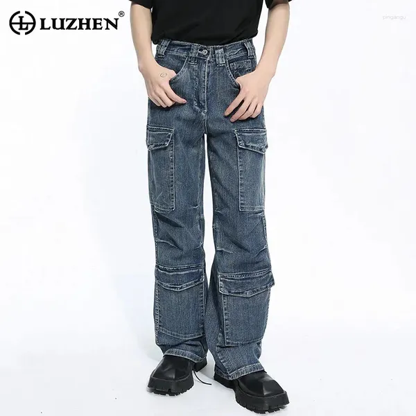 Jeans masculin Luzhen solide 2024 style multi-poche patchwork américain couleur hommes pantalon de jambe large pantalon cargo chic 9c4661