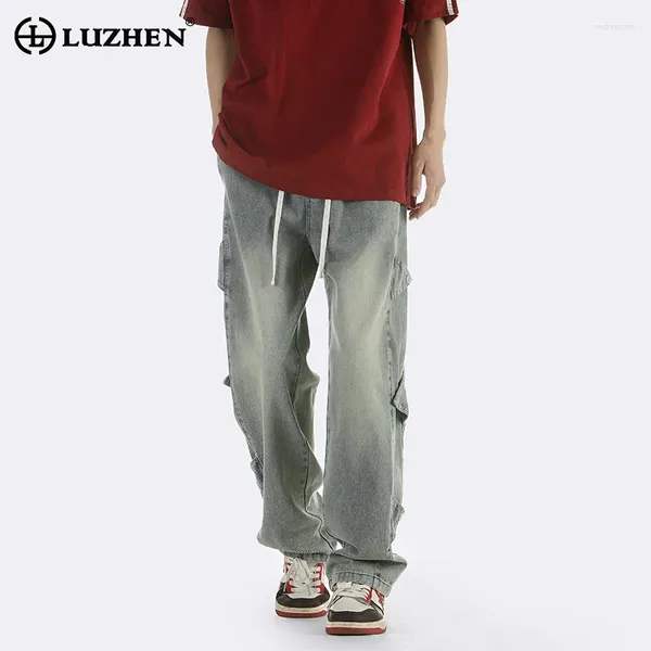 Jeans para hombres Luzhen Spring Splicing Design Trendy Original Street Wear Guapo 2024 Pantalones rectos con estilo LZ1753