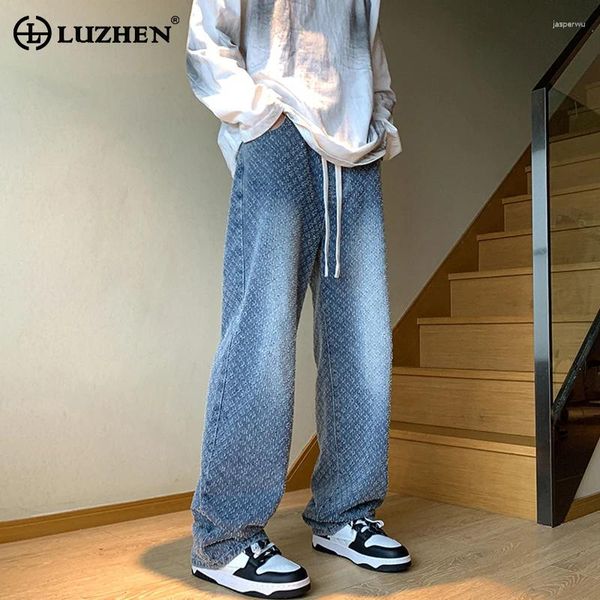Jeans para hombres Luzhen Diseño de uso de la usa Moda coreana Handal Personalidad recta de moda pantalones de pierna ancha LZ2186