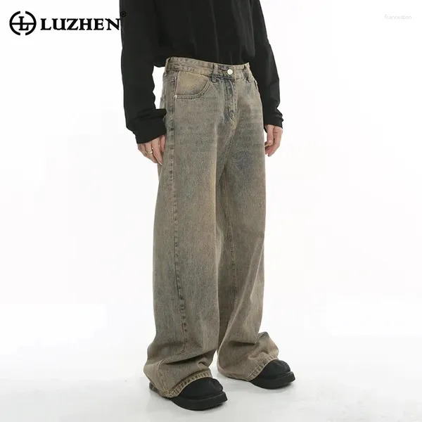 Jeans masculin Luzhen usé de style portuaire des hommes pantalons en denim de jambe large ample
