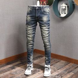 Jeans pour hommes Ly Designer Mode Hommes Rétro Bleu Foncé Élastique Slim Fit Pantalon Déchiré Vintage Casual Denim Pantalon Hombre