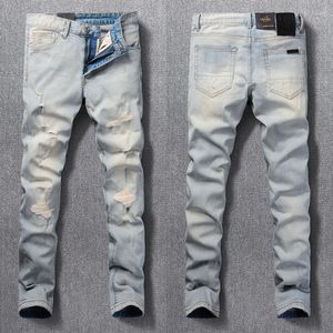 Jeans pour hommes Ly Designer Mode Hommes Rétro Lavé Bleu Clair Stretch Slim Fit Ripped Vintage Denim Pantalon Hombre
