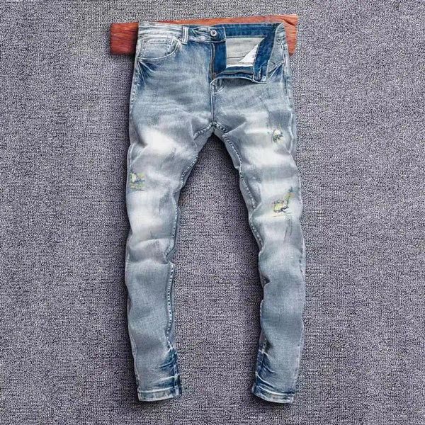 Jeans para hombres Ly Diseñador Moda Hombres Retro Luz Azul Estiramiento Slim Fit Ripped Bordado Parcheado Vintage Denim Pantalones Homme