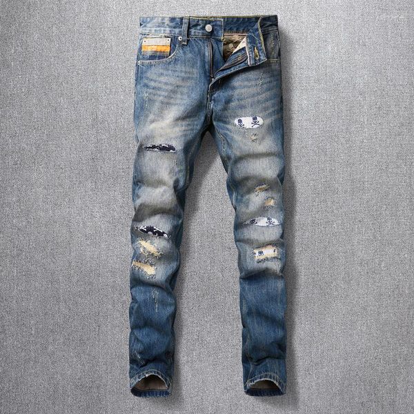 Jeans pour hommes Ly Designer Mode Hommes Rétro Bleu Droit Mince Déchiré Crâne Broderie Patché Vintage Denim Pantalon Hombre