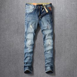 Men's Jeans Ly Fashion Designer Men Retro Blue Elastic Slim Fit Ripped Korean Style Vintage Casual Denim Pants Hombre