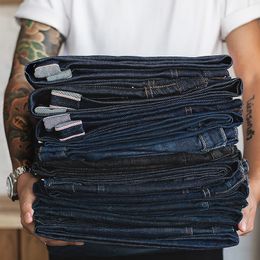 Jeans pour hommes Maden Vintage Denim Jean Big Tall coupe régulière jambe droite Jeans en Denim à lisière brute pantalon bleu foncé pantalon classique Trous 230920