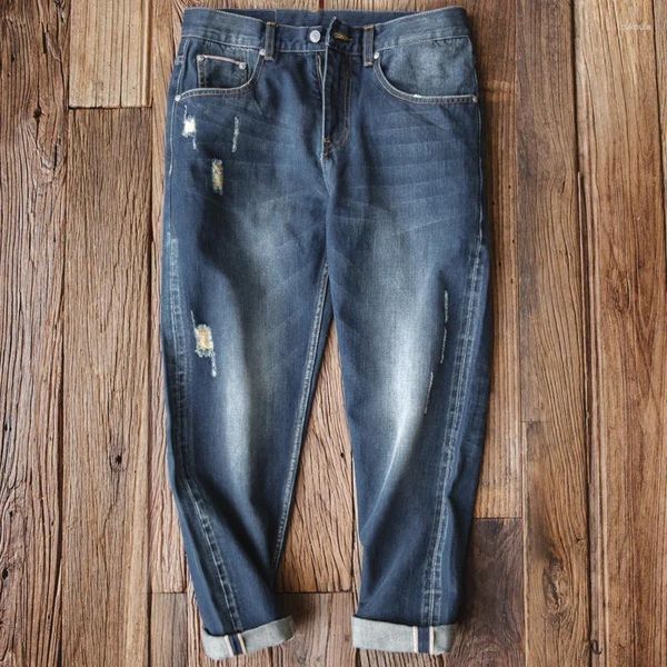 Jeans para hombres Maden Ropa de trabajo Retro Agujero rasgado Lavado Oreja roja Ajuste delgado Pierna pequeña Pantalones rectos de otoño